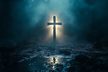 Naklejka premium A glowing cross shining in the dark with rays of divine light spreading out, creating a powerful spiritual and inspirational scene against a dark background. 
