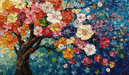 Vibrant blossoms of a colorful tree against a deep blue background in spring