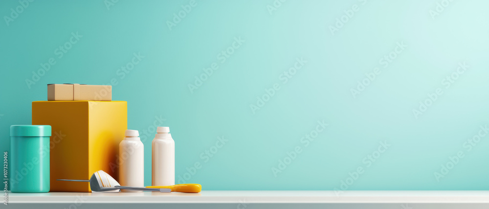 Poster a colorful arrangement of storage boxes and bottles on a clean surface, set against a soft turquoise