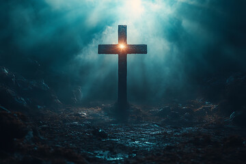 Naklejka premium A glowing cross shining in the dark with rays of divine light spreading out, creating a powerful spiritual and inspirational scene against a dark background. 