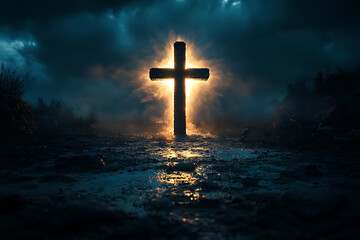 Fototapeta premium A glowing cross shining in the dark with rays of divine light spreading out, creating a powerful spiritual and inspirational scene against a dark background. 