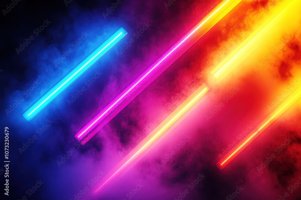 Poster vibrant neon spectrum of luminous colors in a smoky atmosphere featuring dynamic light beams and a m