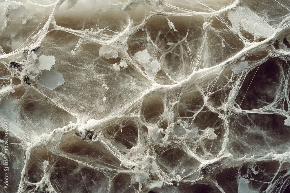 Poster detailed microscopic examination of delicate fibrous structures exhibiting intricate patterns and te