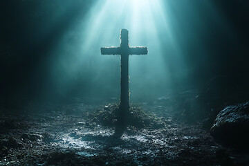 Naklejka premium A glowing cross shining in the dark with rays of divine light spreading out, creating a powerful spiritual and inspirational scene against a dark background. 
