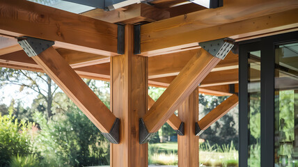 Beautiful wooden architectural beams with metal brackets supporting a modern structure, surrounded by lush greenery.