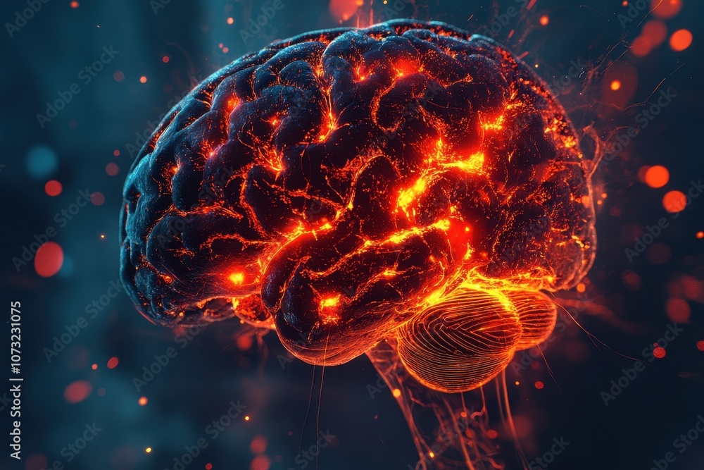 Poster digital cross section of a brain rendered with glowing neural activity and vibrant colors, showcasin