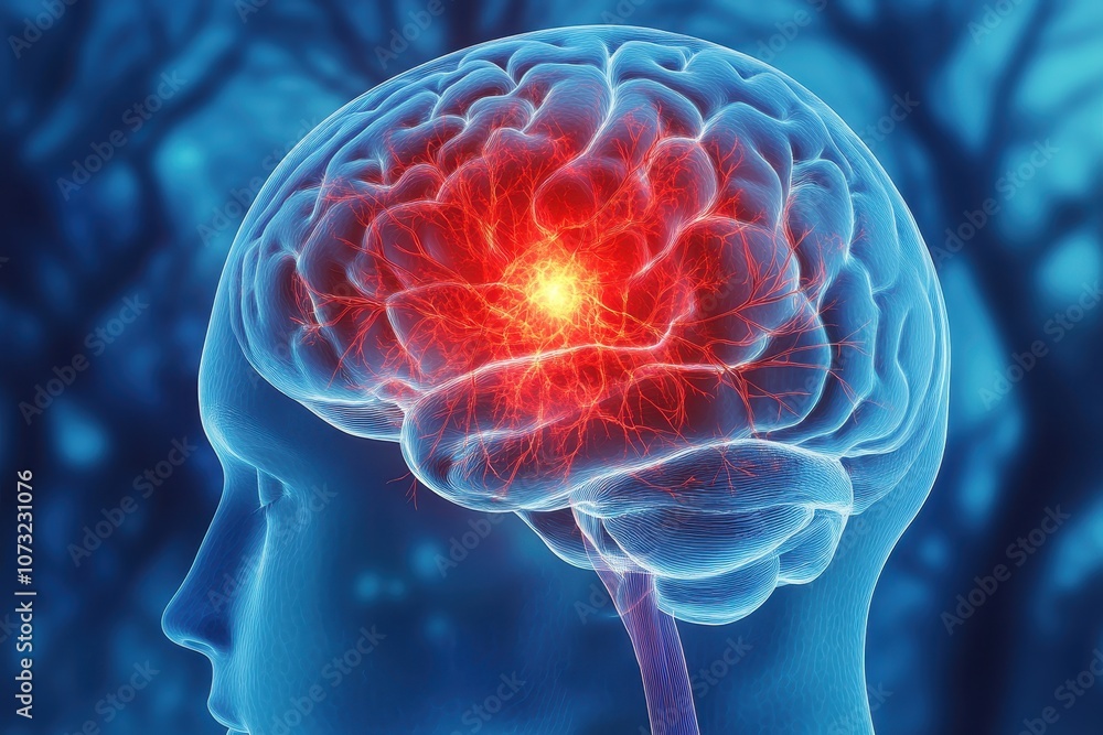 Poster detailed illustration of the human brain highlighting neuroactivity and brain functioning with a bri