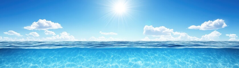 Obraz premium Radiant sunlight piercing through clouds over tranquil azure ocean, breathtaking seascape