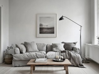 Modern Living Room with Grey Couch, Wooden Coffee Table, and Floor Lamp