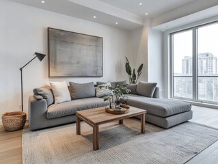 Modern living room with sectional sofa, wooden coffee table, and city view