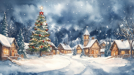 Charming watercolor painting of a winter village adorned with snow, featuring cozy houses, a decorated Christmas tree, and festive atmosphere. Vector Illustration Winter Village Scene in Watercolor.