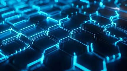 Obraz premium A luminous blue hexagonal surface with glowing highlights and digital textures, symbolizing futuristic innovation.
