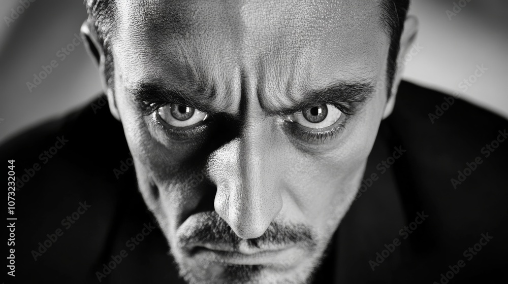 Poster man with a beard and a serious expression. he is wearing a black suit and looking at the camera