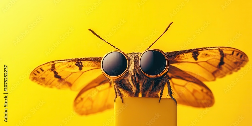 Poster close-up of a small moth with aviator sunglasses on a yellow background, emphasizing unique features