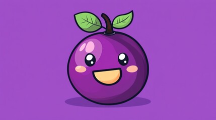 Fototapeta premium A cute cartoon plum with a big smile on a purple background.