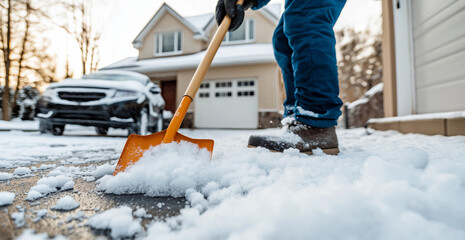 Winter morning snow removal: shoveling driveway in suburban neighborhood