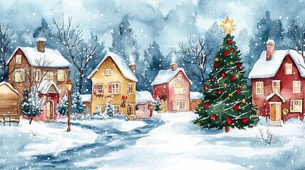 Charming watercolor painting of a winter village adorned with snow, featuring cozy houses, a decorated Christmas tree, and festive atmosphere. Vector Illustration Winter Village Scene in Watercolor.