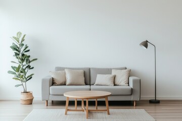 Minimalist Living Room with Grey Sofa, Wooden Coffee Table, and Floor Lamp