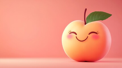 A cartoon peach with a smiling face on an orange background.