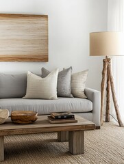 A Minimalist Living Room with a Wooden Coffee Table and a Driftwood Floor Lamp