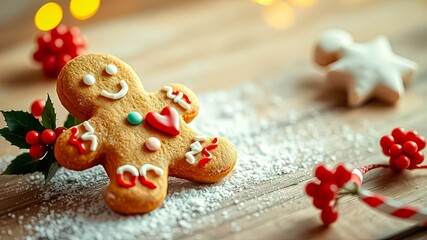 Gingerbread Man Cookie Decorated with Red Heart and Festive Sprinkles on Wooden Table with Holly Berries and Powdered Sugar