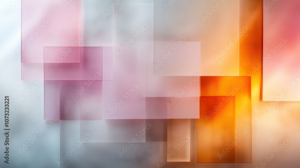 Poster this image features overlapping translucent rectangles in soft shades of pink and orange, creating a