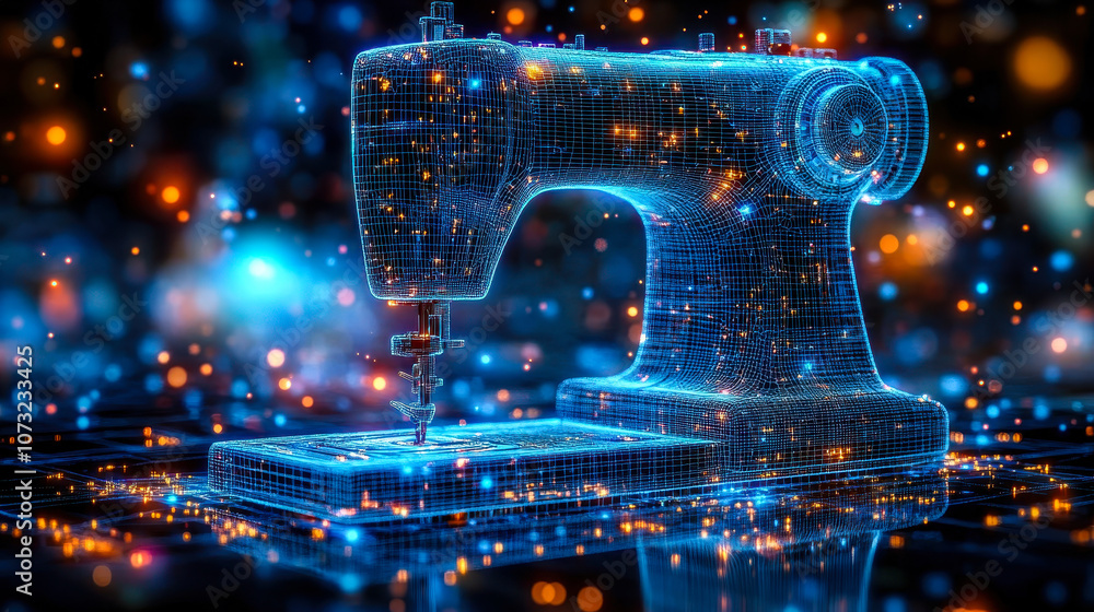 Poster ai-enhanced digital sewing machine with glowing data stream in low poly wireframe