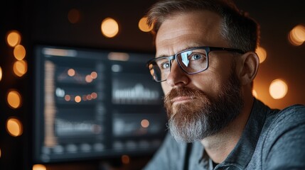 A pensive man peers at statistics on a glowing digital screen in a dark room, encapsulating the intrigue and complexity of data-driven discoveries and insights.
