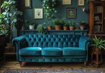Obraz premium Retro-Style Living Room with Blue Chesterfield Sofa and Patterned Wallpaper