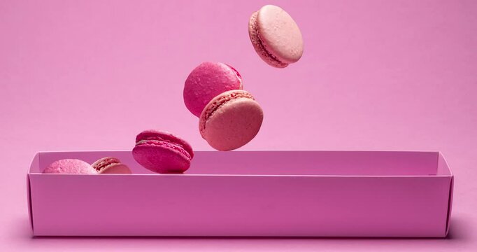 Colorful French macarons falling in the pink box on a pink background. Slow motion and animated video.