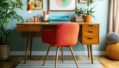 Stylish Mid-Century Workspace Design Featuring Vibrant Colors, Retro Furniture, and Lush Greenery to Inspire Creativity in Any Environment