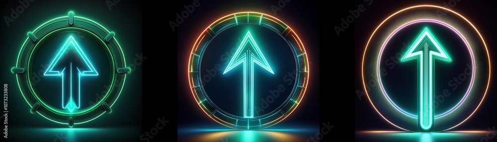 Aufkleber three glowing neon arrows pointing upward, encased in circles with different designs.