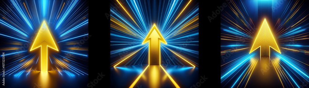 Poster a glowing gold arrow points upward in a dark background surrounded by blue neon lines.