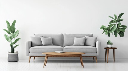 Minimalist Living Room with Grey Sofa, Wooden Coffee Table, and Green Plants