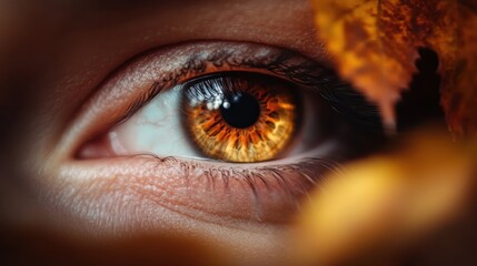 Naklejka premium A close-up view of a human eye, surrounded by golden autumn leaves, clearly reflecting the vibrant orange and brown hues characteristic of fall.