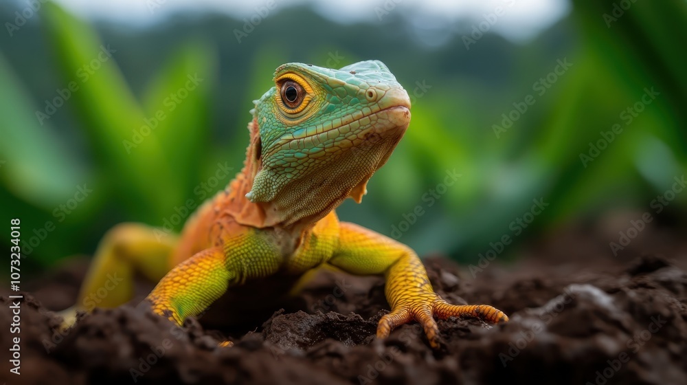 Poster a lizard, with its vibrant orange and green scales, stands majestically on red soil, capturing the i