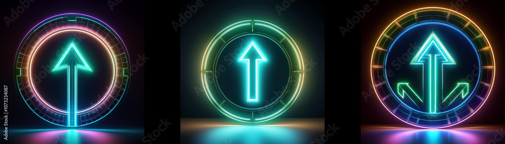 Poster three glowing neon arrows in circular frames.