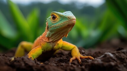 Fototapeta premium A lizard, with its vibrant orange and green scales, stands majestically on red soil, capturing the intrigue of observers with its commanding presence and detail.