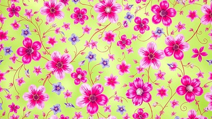 A delicate floral pattern with pink and blue blossoms on a pale green background, perfect for textiles, wallpapers, or home decor.