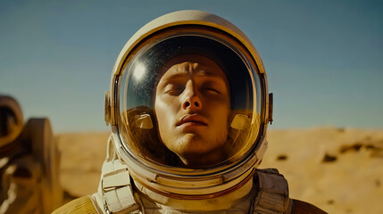 Scene of an astronaut in a full space suit standing alone in the middle of a vast desert.