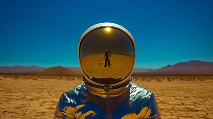 Scene of an astronaut in a full space suit standing alone in the middle of a vast desert.