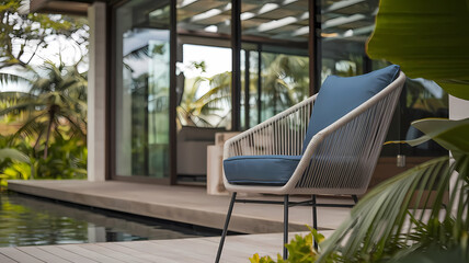 Stylish outdoor chair with blue cushion beside a tranquil pool and lush greenery, perfect for relaxing in nature.