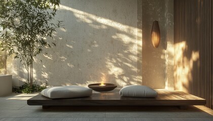 Fototapeta premium Inviting Meditation Corner with Natural Light and Calm Atmosphere, Featuring Soft Cushions and a Tranquil Centerpiece for Relaxation and Mindfulness