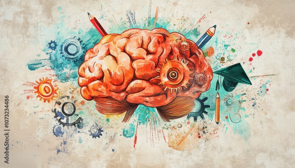 Poster creative watercolor depiction of a brain with gears and artistic tools illustrating the intersection