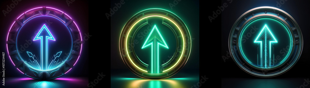 Poster three glowing neon arrows pointing up, each encased in a circle with a different color.