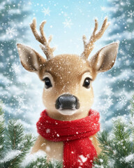 whimsical reindeer wearing red scarf stands amidst falling snowflakes, creating festive Christmas card scene.