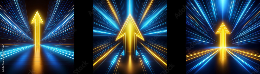Aufkleber a golden arrow points upward in the center of the frame, surrounded by a radiating pattern of blue a