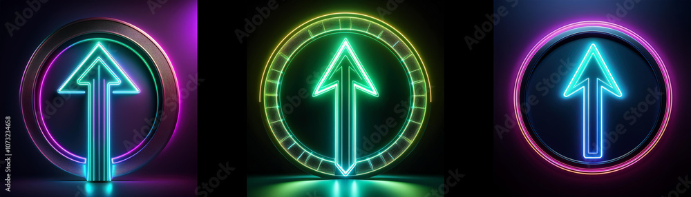 Poster three neon arrows pointing upwards, each within a circular frame, are set against a dark background.
