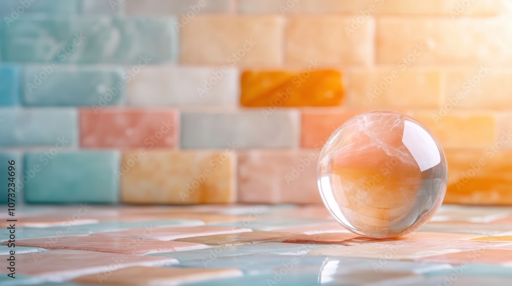 Poster a beautifully captured image of a glass sphere resting on a multi-colored mosaic tile surface, creat