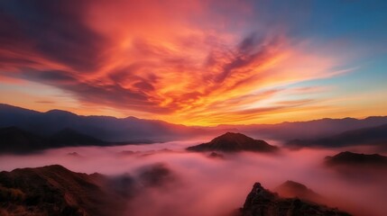 Fototapeta premium Vibrant sunset colors illuminate mountains as rolling fog drapes the scene, creating a striking image that combines natural beauty and atmospheric mystique.